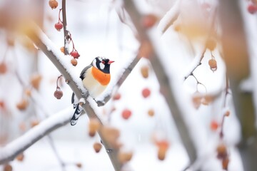 woodpecker frozen in a peck on a snowy tree - obrazy, fototapety, plakaty