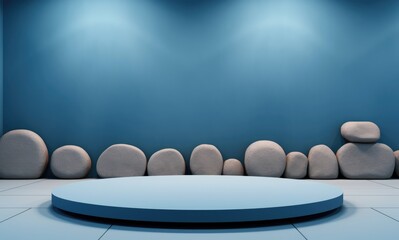 A beautiful background for presentations with a podium and stones and blue wall.