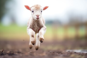 Fototapeta premium a playful lamb hopping towards the camera