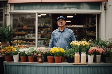 a middle-aged american small flower shop owner standing and looking to camera copy space