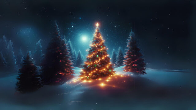 a christmas tree with lights in the snow, a digital rendering contest winner, computer art, glowing lights, stockphoto, uhd image