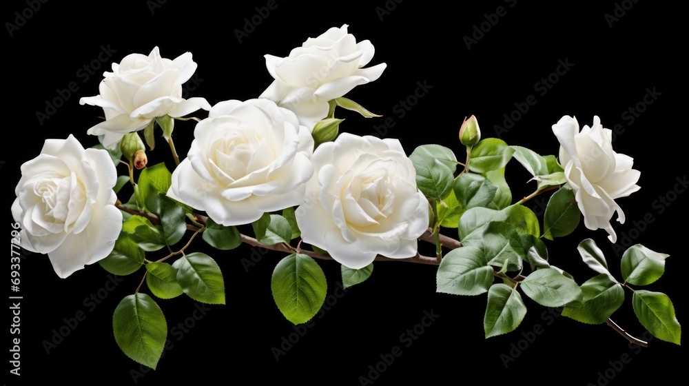 Poster a beautiful arrangement of white roses placed delicately on top of a branch. perfect for adding a to