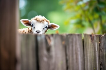 lamb peeking through a wooden fence