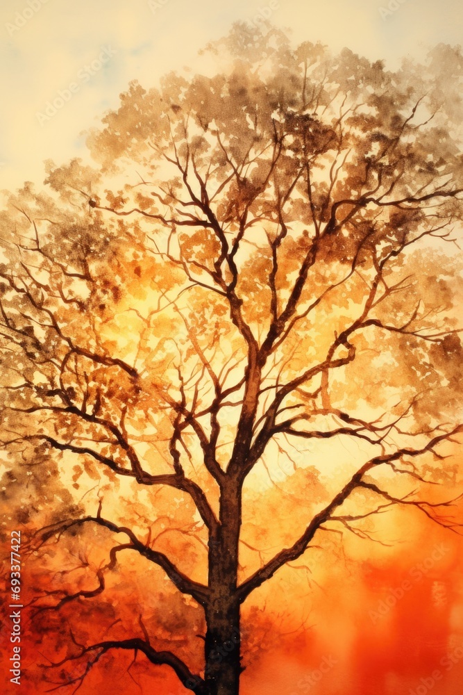 Poster A painting of a tree with a vibrant red sky in the background. Can be used as a decorative piece or for adding a pop of color to any space