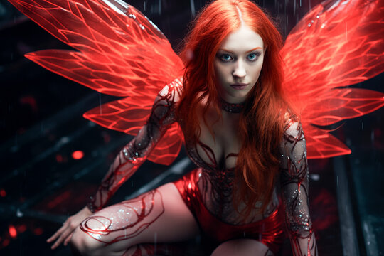 Woman With Orange Hair And Red Wings Look Like Fairy From Magic Fairytale, Dark Princess, Valkyrie Woman