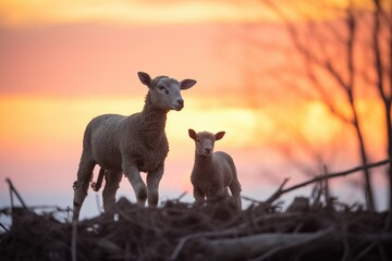 lambs silhouetted against the sunset sky