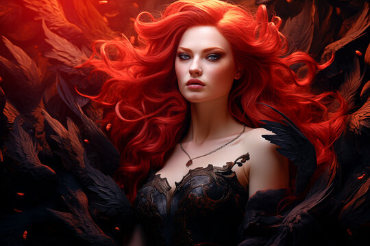 Dark Phoenix Woman With Red Hair Among Raven Birds, Beautiful Ginger Hair Witch, Abstract Mystic Dark Background, Queen OF Hell, Wife Of Lucifer, Lilith or Lilit Archetype