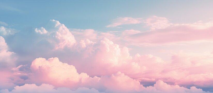 Fototapeta Photo from airplane Beautiful Clouds and evening light romantic blue sky with soft fluffy pink clouds. Panoramic natural view of a dreamy sky.
