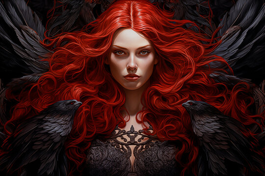 Woman With Red Hair Among Raven Birds, Beautiful Ginger Hair Witch, Abstract Mystic Dark Background, Queen OF Hell, Wife Of Lucifer, Lilith or Lilit Archetype