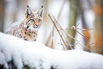 Fototapeta premium lynx camouflaged among snow-dusted pines