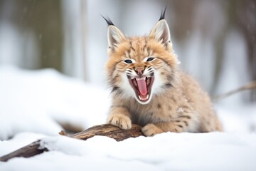 lynx yawning, showcasing teeth, with snow backdrop