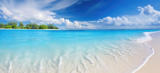 Obraz premium Summer Sandy beach with white sand and rolling calm wave of turquoise ocean on white clouds in blue sky. Island, landscape