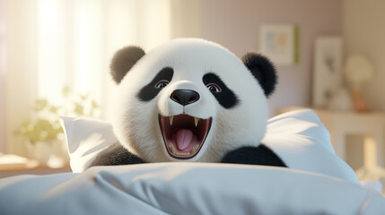 Funny happy panda, lie in a white bed, in the morning light, in front of the window