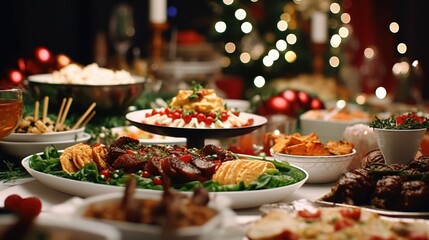 Fototapeta premium A table filled with plates of food and a Christmas tree in the background. Perfect for holiday celebrations and festive gatherings