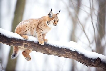 lynx perched on snowy tree branch