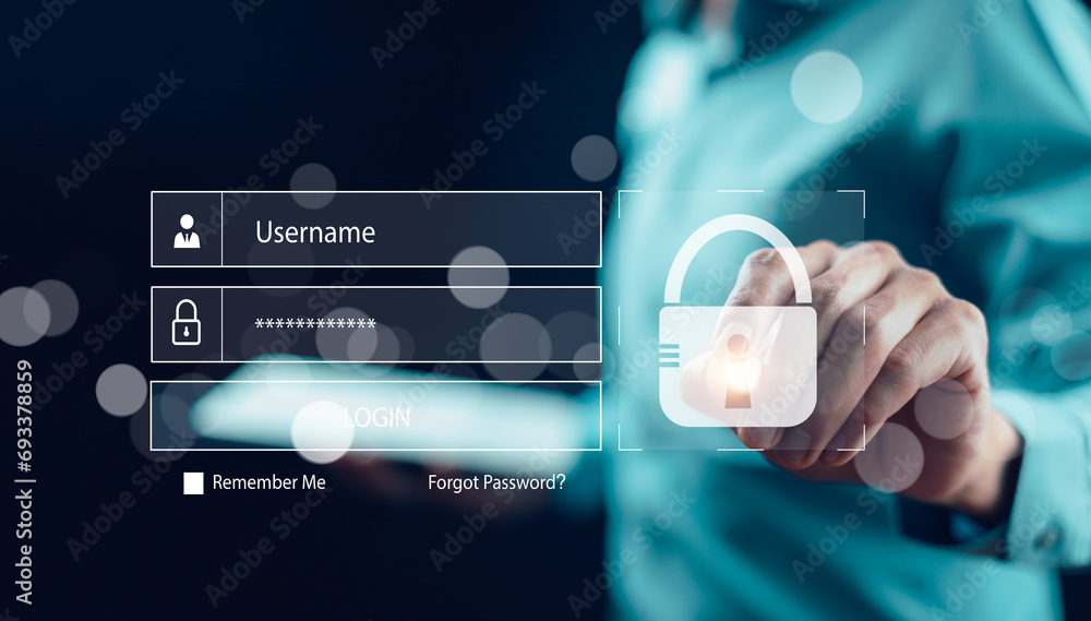 Poster security password login online concept hands typing and entering username and password of social med