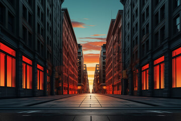 a street with buildings and a sunset