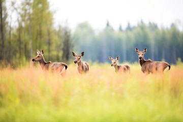 wide shot of moose herd in a grassy clearing