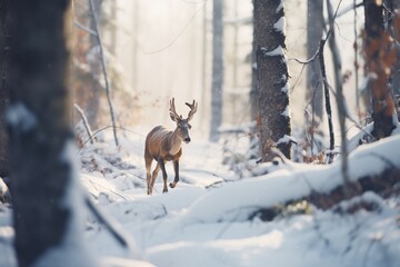 Naklejka na ściany i meble moose walking through snow-covered woods