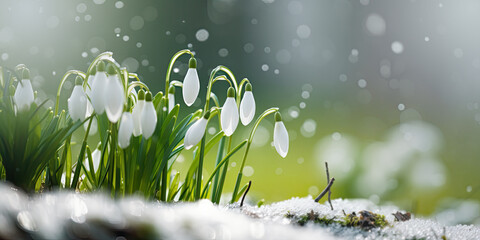 Early springtime background with muted color snowdrop flowers in the snow - obrazy, fototapety, plakaty
