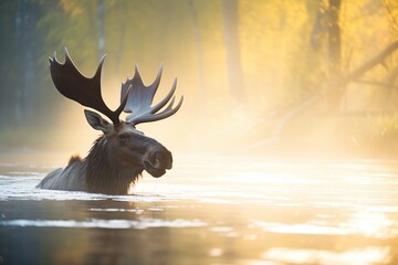 backlit moose with morning mist rising