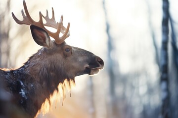 backlit moose with breath visible in cold air