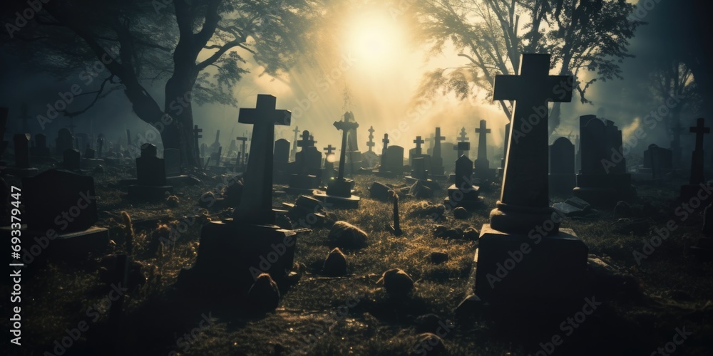 Poster a cemetery with numerous tombstones and surrounded by trees. suitable for various themes and context