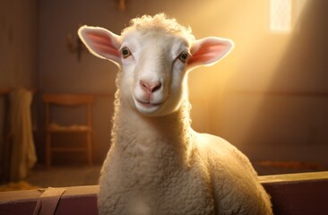 Smiling lamb basking in warm indoor light