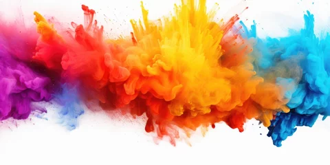 Fotobehang A vibrant burst of colored powder fills the air, creating a beautiful rainbow effect. Perfect for adding a pop of color and excitement to any project or event © Fotograf