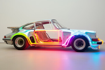 a car with lights on - obrazy, fototapety, plakaty