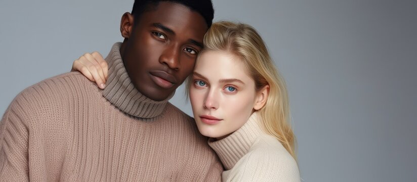Stylish interracial couple posing together in autumn outfits on grey background.