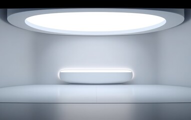 White space with a round, circular stage in front of a ceiling lamp in the style of video feedback loops futurist claims clean and streamlined