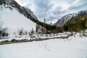 
Tarvisio. Riofreddo valley in winter. At the foot of the Julian Alps