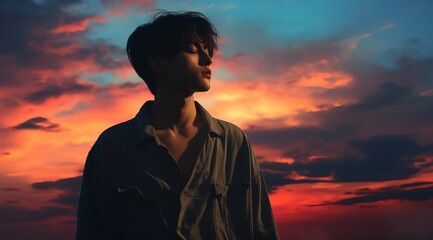 a person with eyes closed in front of a colorful sky