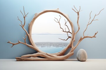 a round mirror with branches and a rock on a shelf