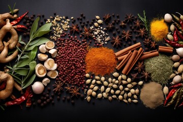Spices and herbs banner background. Variety of spices.