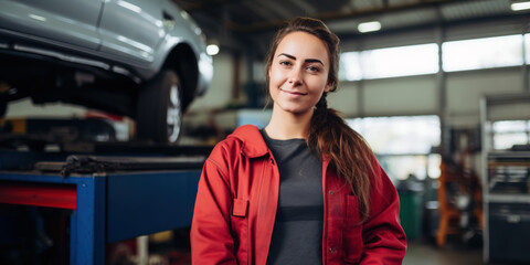 Portrait of proud car mechanic woman smiling and looking at camera