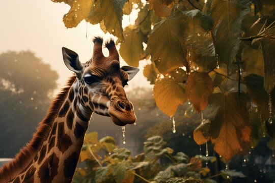 Giraffe feeding in the rain