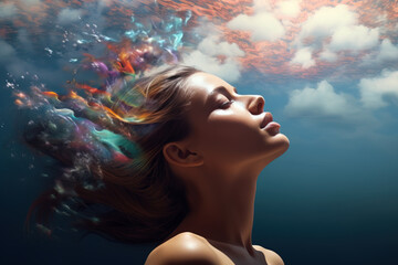 Day dreaming, the subconscious projected in the consciousness, colored clouds above the head. Concept art.