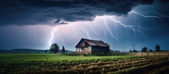 Fototapeta premium Powerful lightning strikes nearby in rural Transylvania, Romania.