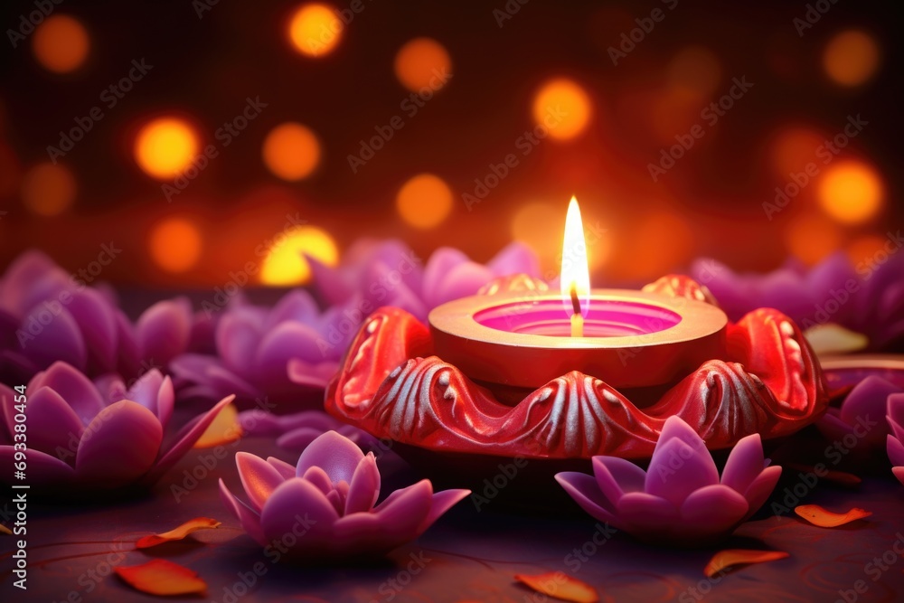 Poster a lit candle sitting on top of a beautiful flower arrangement. perfect for adding a warm and invitin