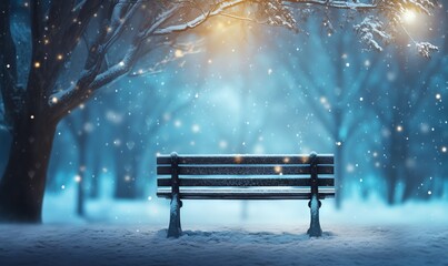 a bench in a snowy park - Powered by Adobe