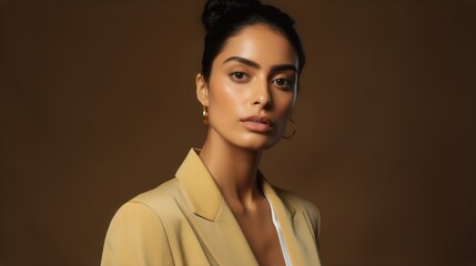 A portrait of businesswoman with a dark yellow blazer, tan skin, black hair, and a dark brown background