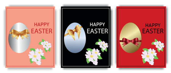 A set of greeting Easter posters, with gold and silver eggs, decorated with a chic bow on stylish backgrounds. Easter concept. Vector illustration.