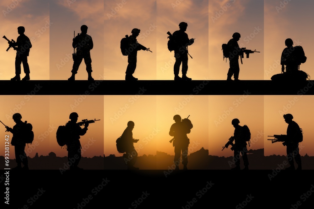 Poster a powerful image featuring a series of silhouettes of soldiers armed with weapons. ideal for militar