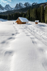 Tarvisio. Riofreddo valley in winter. At the foot of the Julian Alps