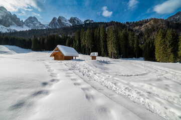 Tarvisio. Riofreddo valley in winter. At the foot of the Julian Alps