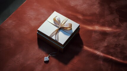 A light gold gift box with a ribbon is placed on a table with a red tablecloth
