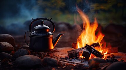 Coffee pot on camping fire, tent, folding chair table. Morning mist view background of campfire. - obrazy, fototapety, plakaty