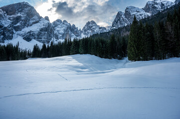 Tarvisio. Riofreddo valley in winter. At the foot of the Julian Alps
